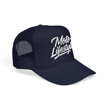 Load image into Gallery viewer, Moto Lifestyle Foam Trucker Embroidered Hat, White Thread