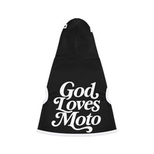 Load image into Gallery viewer, Pet Hoodie with 'God Loves Moto' Design, Cute Dog Apparel, Pet Gift, Motorcycle Enthusiast, Everyday Wear, Stylish Pet Clothing