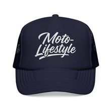 Load image into Gallery viewer, Moto Lifestyle Foam Trucker Embroidered Hat, White Thread