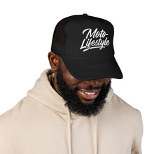 Load image into Gallery viewer, Moto Lifestyle Foam Trucker Embroidered Hat, White Thread