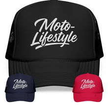 Load image into Gallery viewer, Moto Lifestyle Foam Trucker Embroidered Hat, White Thread