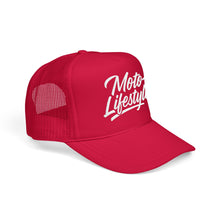 Load image into Gallery viewer, Moto Lifestyle Foam Trucker Embroidered Hat, White Thread
