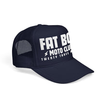 Load image into Gallery viewer, Fat Boy Moto Club Foam Embroidered Trucker Hat white thread
