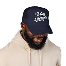 Load image into Gallery viewer, Moto Lifestyle Foam Trucker Embroidered Hat, White Thread
