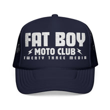 Load image into Gallery viewer, Fat Boy Moto Club Foam Embroidered Trucker Hat white thread

