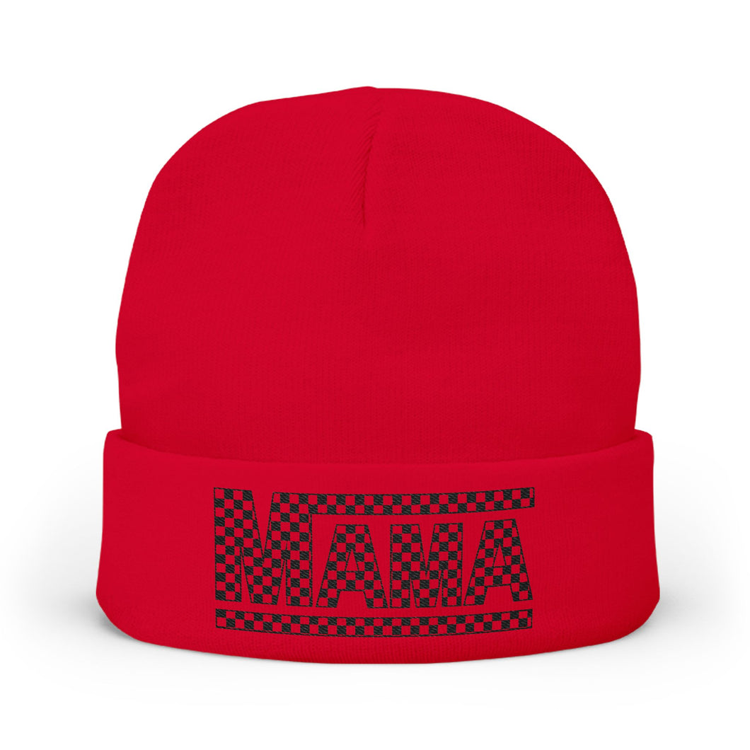 Checkered Embroidered Mama Knit Beanie