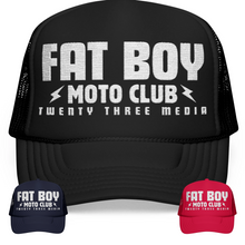 Load image into Gallery viewer, Fat Boy Moto Club Foam Embroidered Trucker Hat white thread
