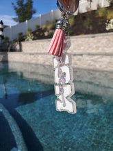 Load image into Gallery viewer, White and Purple Moto Mom Keychain
