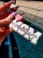 Load image into Gallery viewer, White and Purple Moto Mom Keychain
