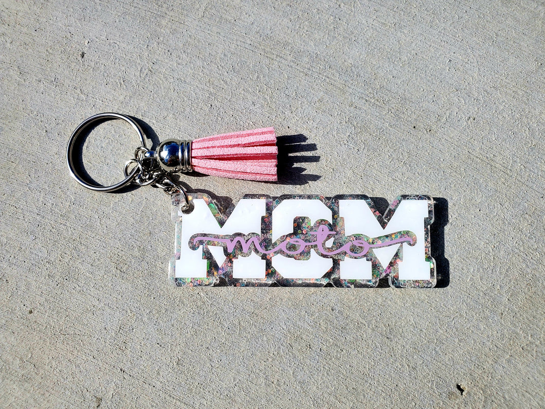 White and Purple Moto Mom Keychain